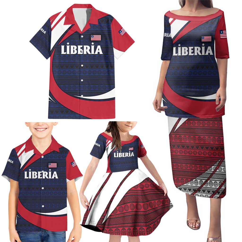 Liberia National Emblem Family Matching Puletasi and Hawaiian Shirt with Tribal Pattern and Heritage Colors Design