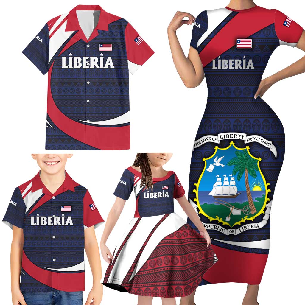 Liberia National Emblem Family Matching Short Sleeve Bodycon Dress and Hawaiian Shirt with Tribal Pattern and Heritage Colors Design