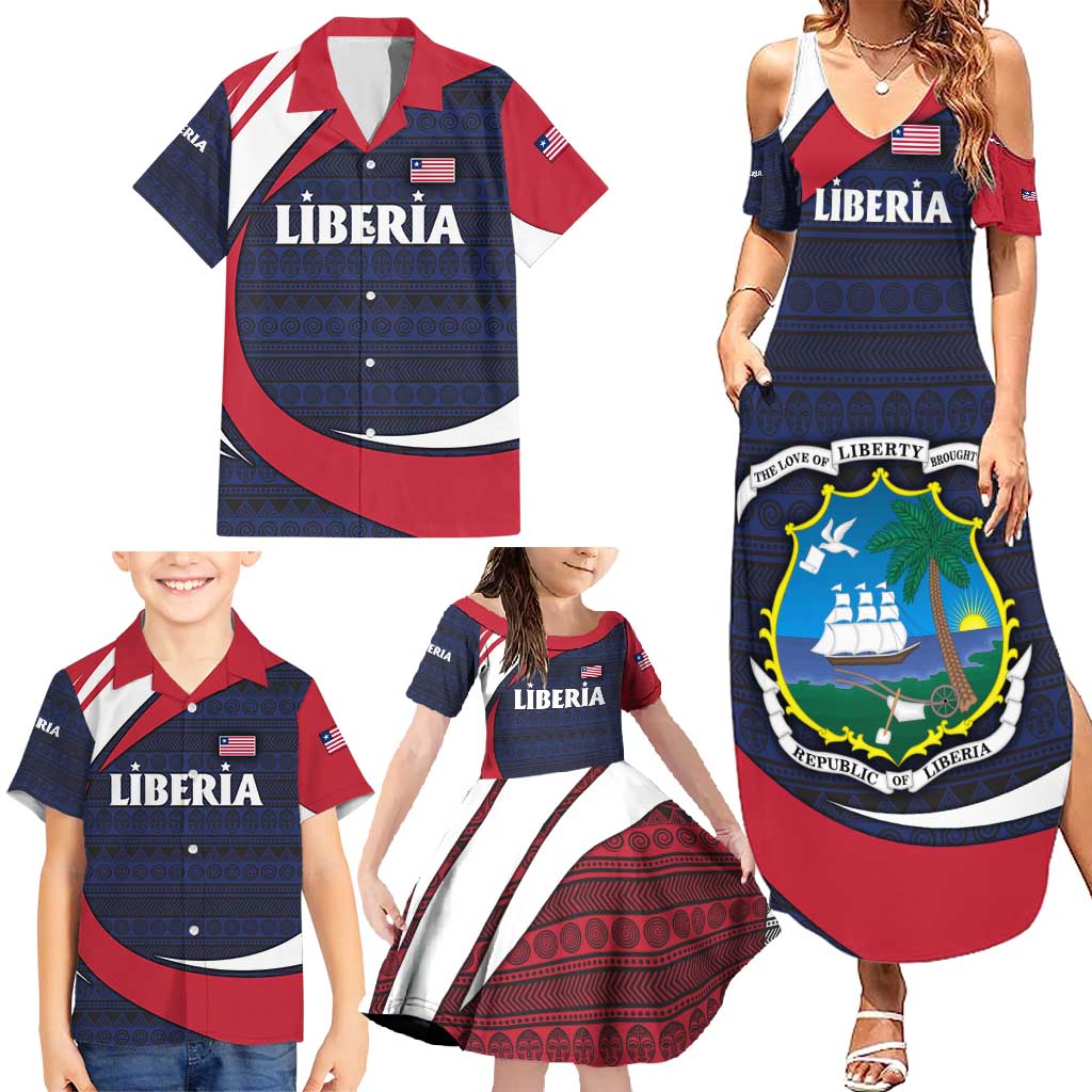 Liberia National Emblem Family Matching Summer Maxi Dress and Hawaiian Shirt with Tribal Pattern and Heritage Colors Design