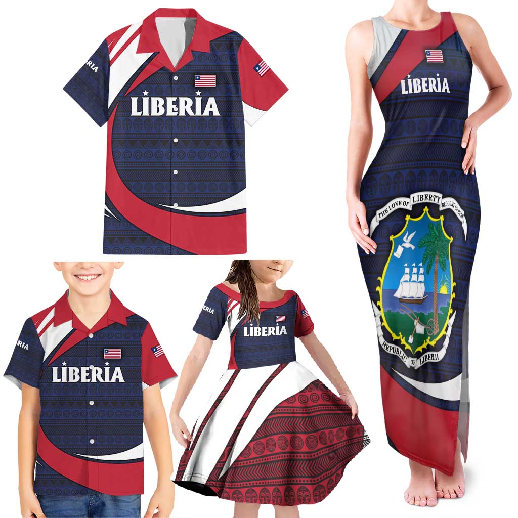 Liberia National Emblem Family Matching Tank Maxi Dress and Hawaiian Shirt with Tribal Pattern and Heritage Colors Design
