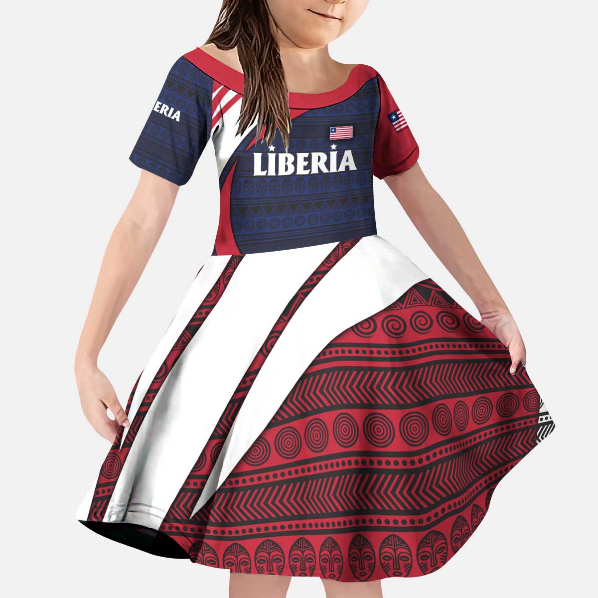 Liberia National Emblem Kid Short Sleeve Dress with Tribal Pattern and Heritage Colors Design
