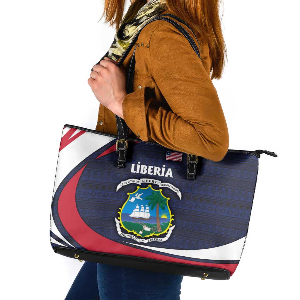 Liberia National Emblem Leather Tote Bag with Tribal Pattern and Heritage Colors Design