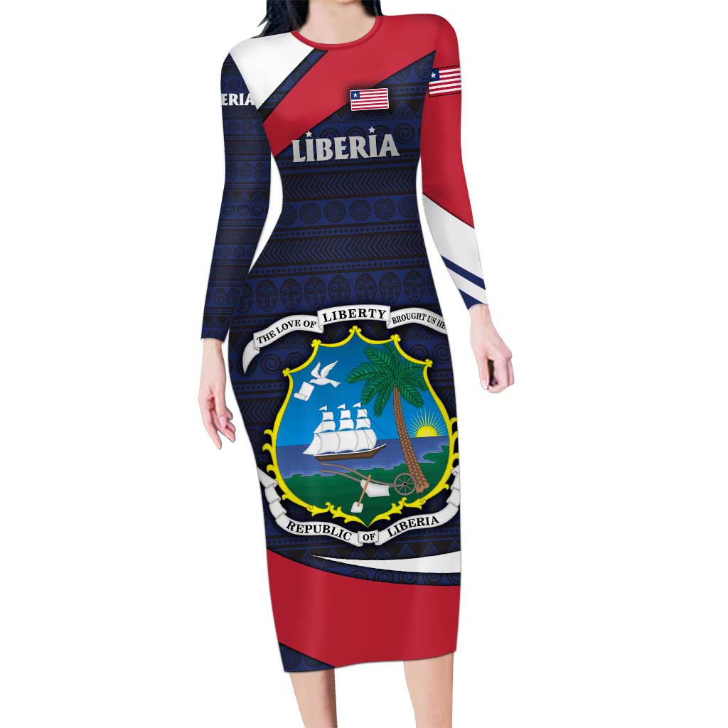 Liberia National Emblem Long Sleeve Bodycon Dress with Tribal Pattern and Heritage Colors Design