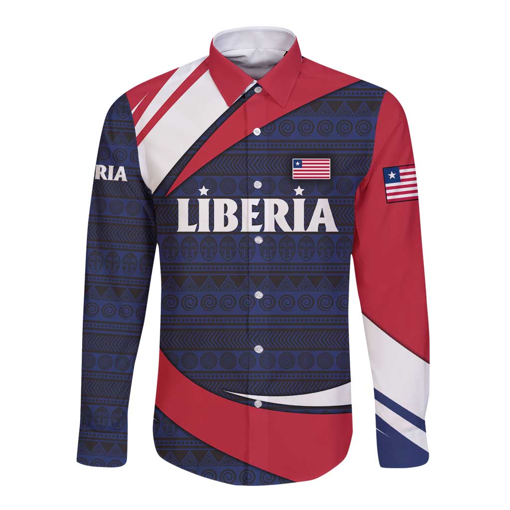 Liberia National Emblem Long Sleeve Button Shirt with Tribal Pattern and Heritage Colors Design