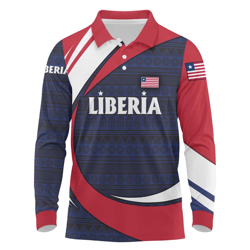 Liberia National Emblem Long Sleeve Polo Shirt with Tribal Pattern and Heritage Colors Design