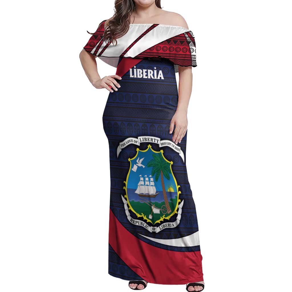 Liberia National Emblem Off Shoulder Maxi Dress with Tribal Pattern and Heritage Colors Design