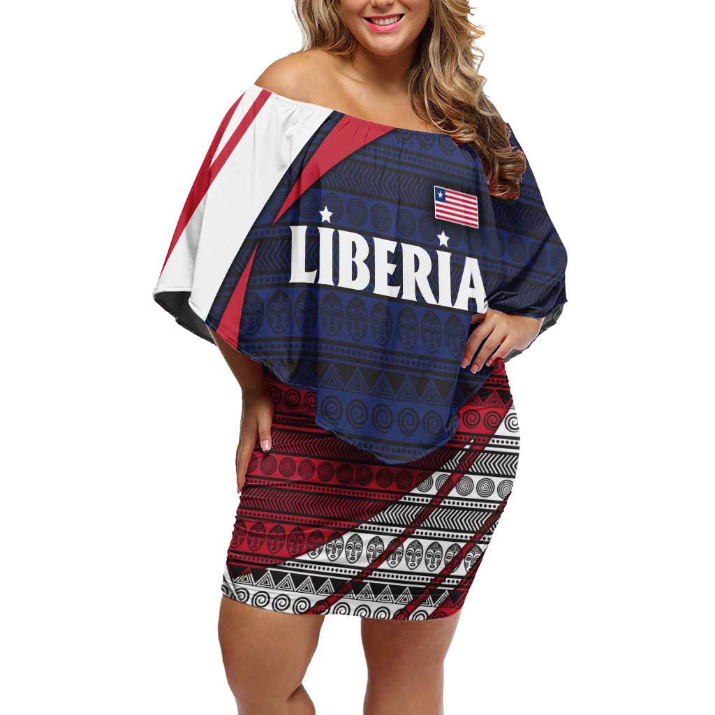 Liberia National Emblem Off Shoulder Short Dress with Tribal Pattern and Heritage Colors Design