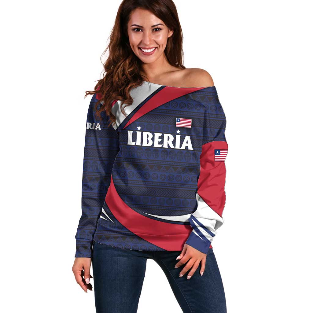 Liberia National Emblem Off Shoulder Sweater with Tribal Pattern and Heritage Colors Design