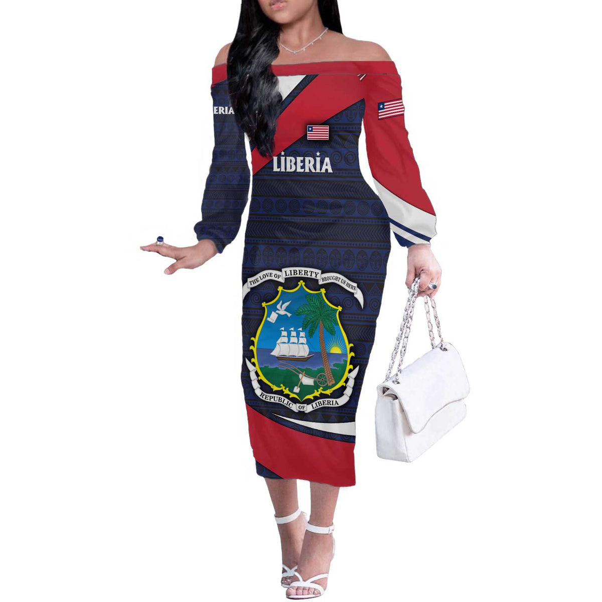 Liberia National Emblem Off The Shoulder Long Sleeve Dress with Tribal Pattern and Heritage Colors Design