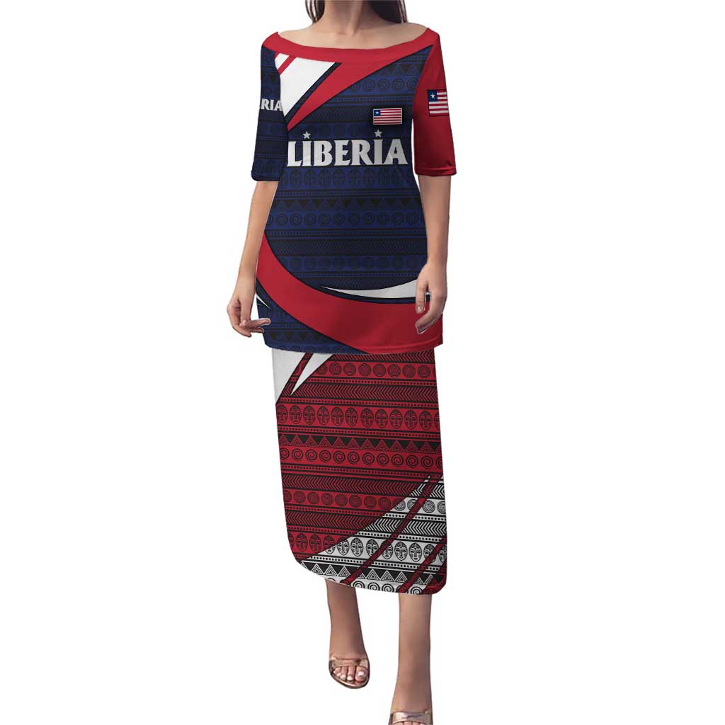 Liberia National Emblem Puletasi with Tribal Pattern and Heritage Colors Design