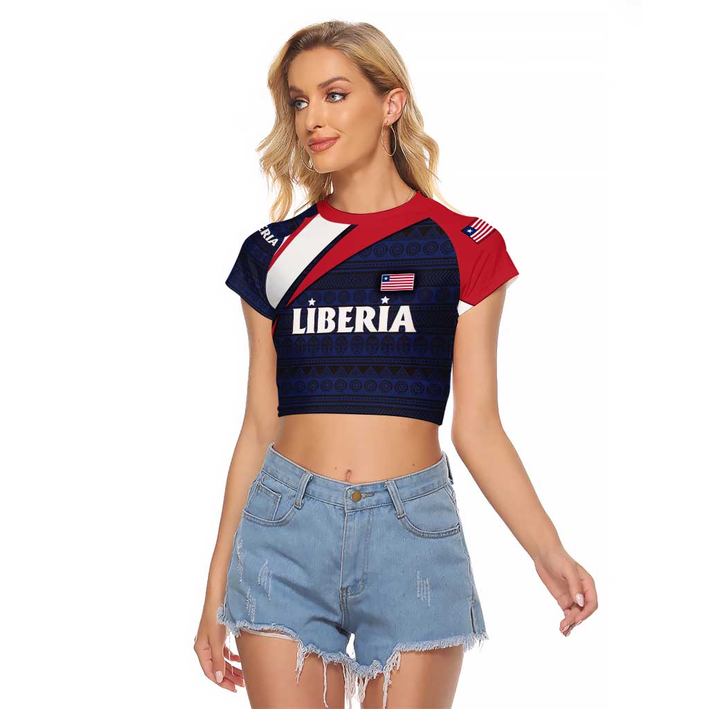 Liberia National Emblem Raglan Cropped T Shirt with Tribal Pattern and Heritage Colors Design
