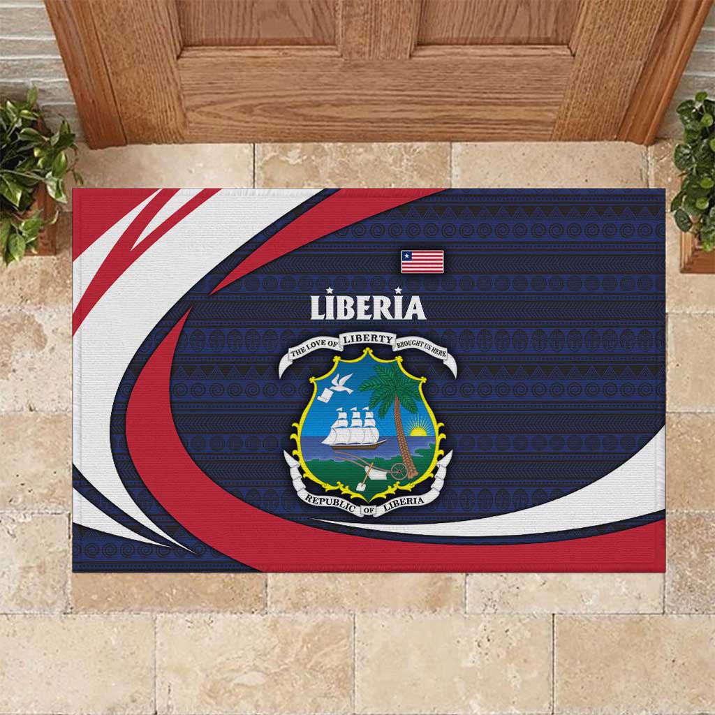 Liberia National Emblem Rubber Doormat with Tribal Pattern and Heritage Colors Design