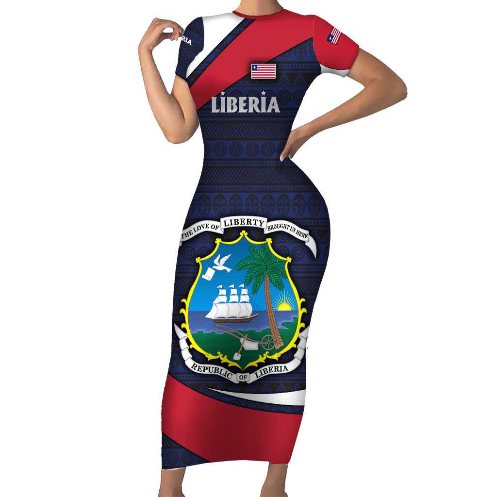 Liberia National Emblem Short Sleeve Bodycon Dress with Tribal Pattern and Heritage Colors Design