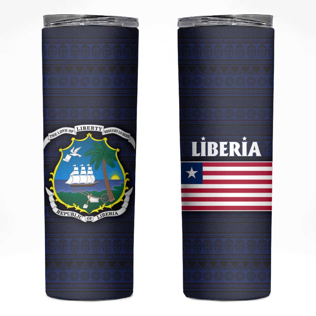 Liberia National Emblem Skinny Tumbler with Tribal Pattern and Heritage Colors Design