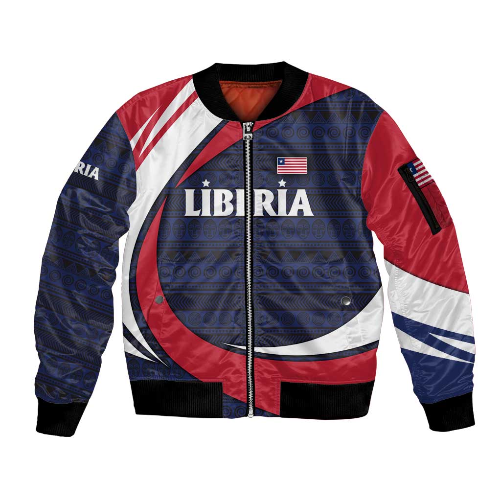 Liberia National Emblem Sleeve Zip Bomber Jacket with Tribal Pattern and Heritage Colors Design