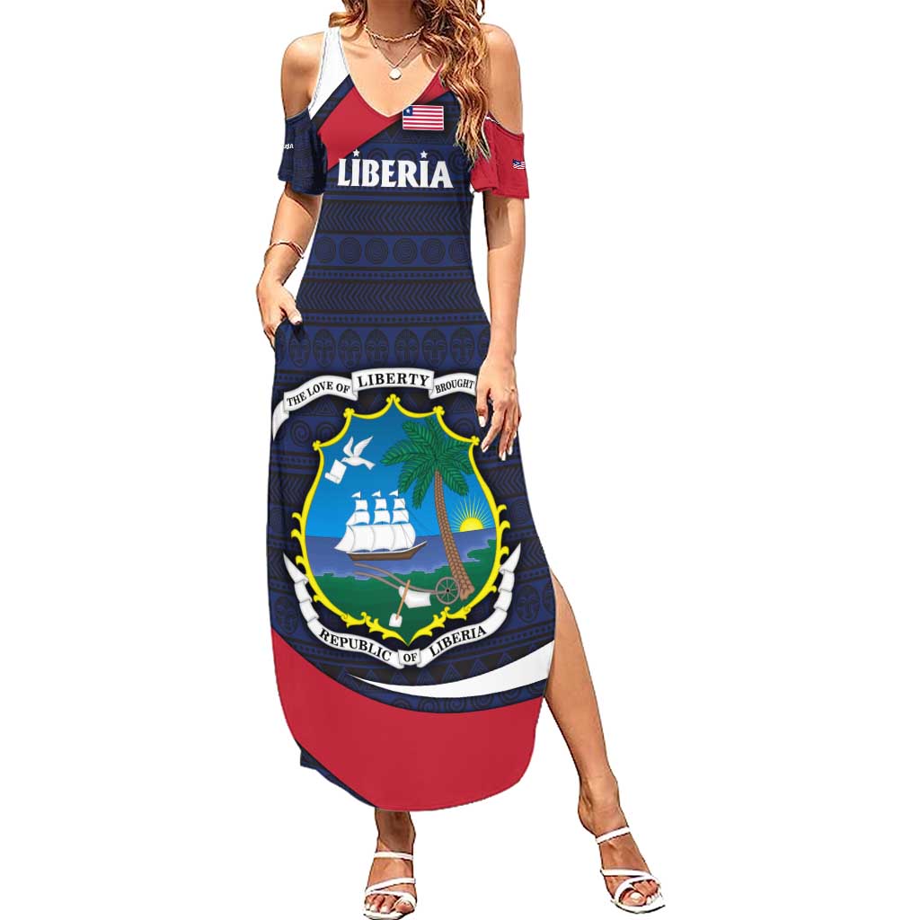 Liberia National Emblem Summer Maxi Dress with Tribal Pattern and Heritage Colors Design