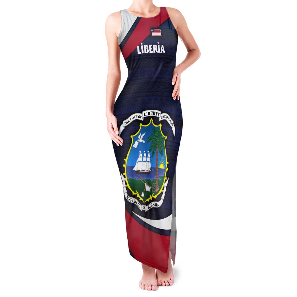 Liberia National Emblem Tank Maxi Dress with Tribal Pattern and Heritage Colors Design