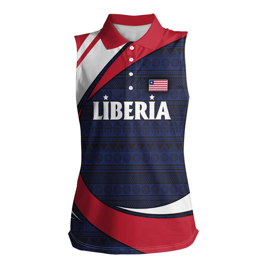 Liberia National Emblem Women Sleeveless Polo Shirt with Tribal Pattern and Heritage Colors Design