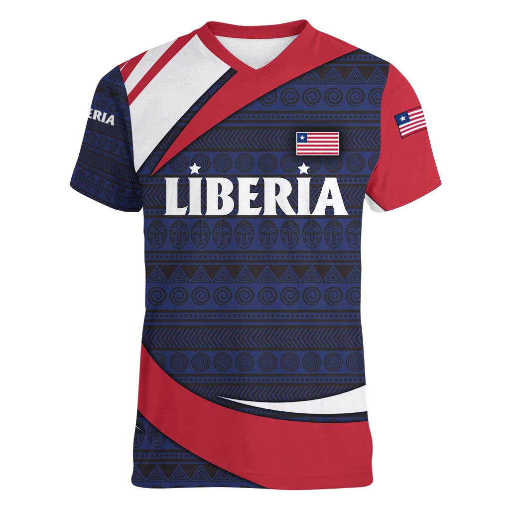Liberia National Emblem Women V-Neck T-Shirt with Tribal Pattern and Heritage Colors Design