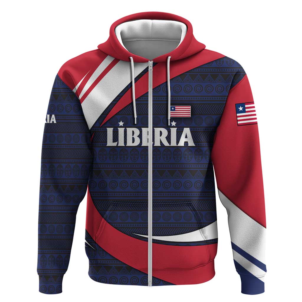 Liberia National Emblem Zip Hoodie with Tribal Pattern and Heritage Colors Design