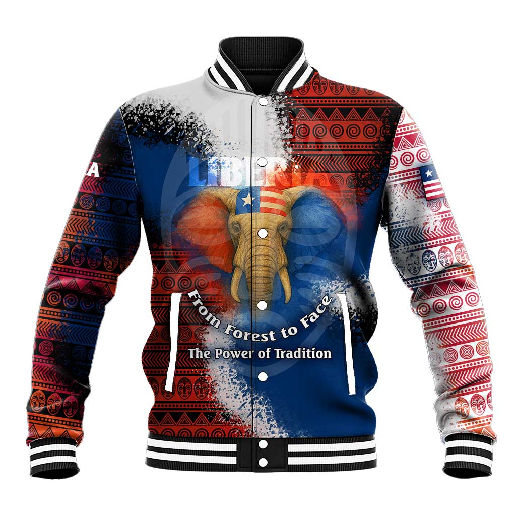 Liberia Elephant Power of Tradition Baseball Jacket with Tribal Red Blue Splash Pattern