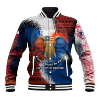 Liberia Elephant Power of Tradition Baseball Jacket with Tribal Red Blue Splash Pattern