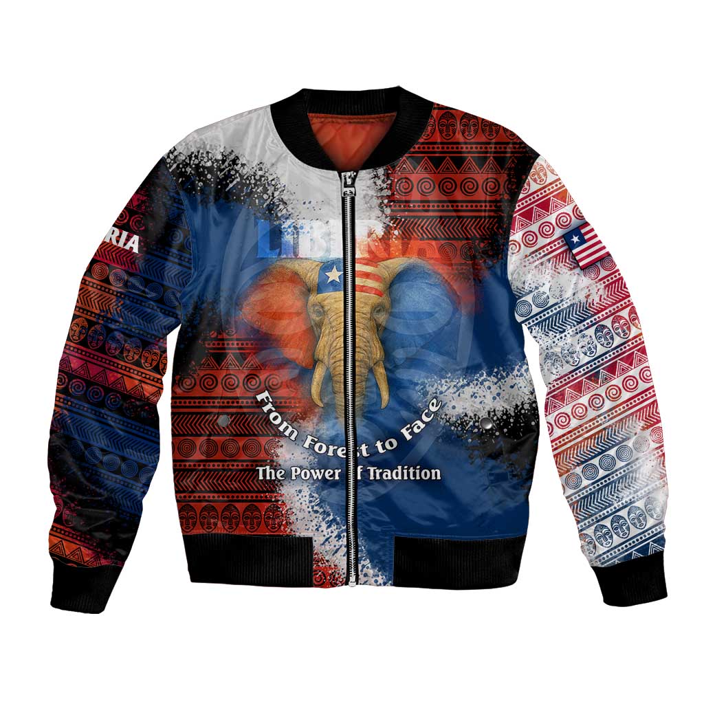 Liberia Elephant Power of Tradition Bomber Jacket with Tribal Red Blue Splash Pattern