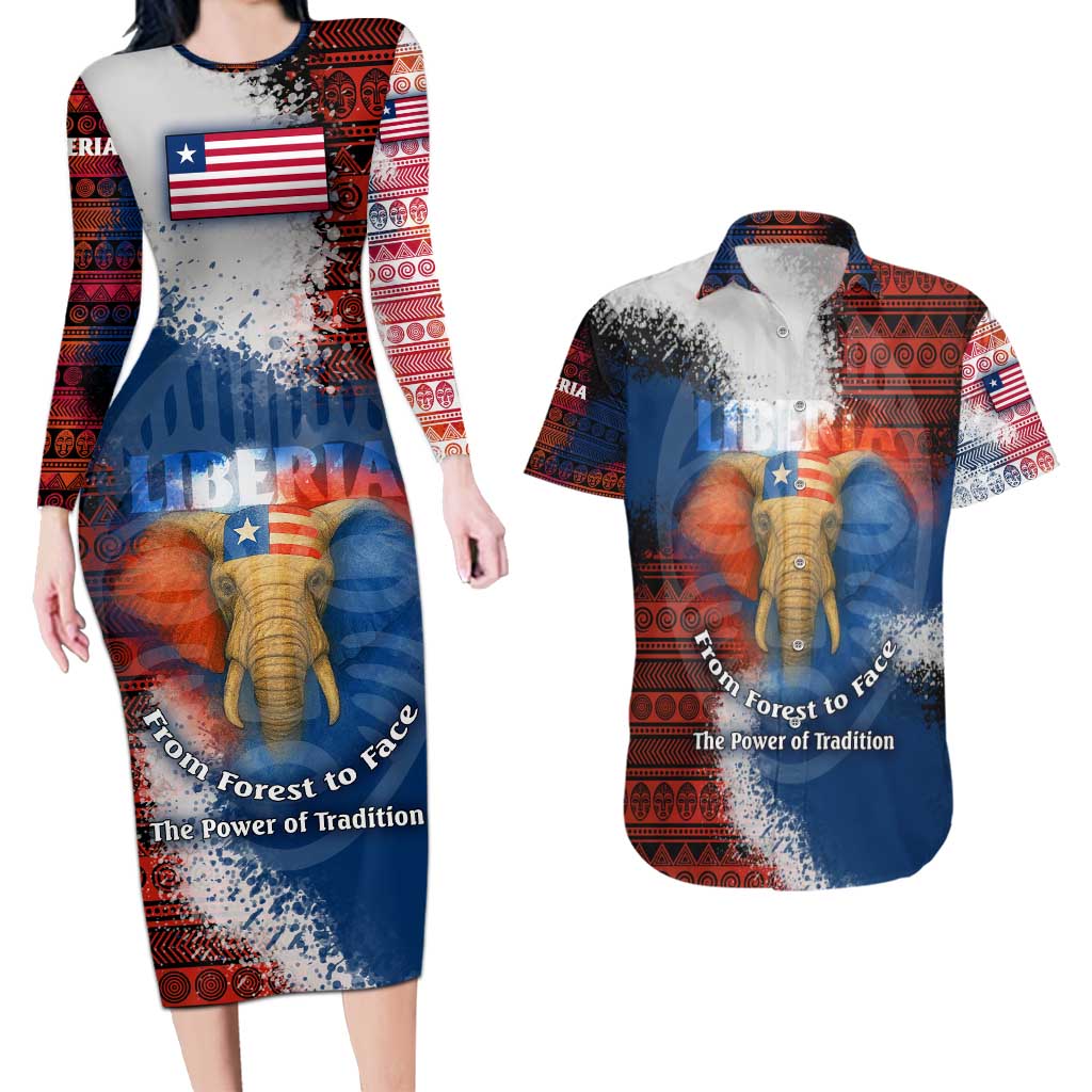 Liberia Elephant Power of Tradition Couples Matching Long Sleeve Bodycon Dress and Hawaiian Shirt with Tribal Red Blue Splash Pattern