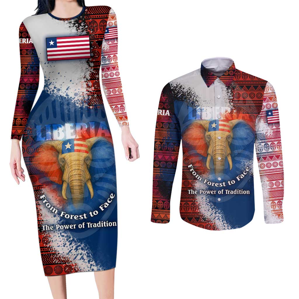 Liberia Elephant Power of Tradition Couples Matching Long Sleeve Bodycon Dress and Long Sleeve Button Shirt with Tribal Red Blue Splash Pattern