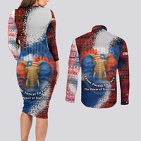 Liberia Elephant Power of Tradition Couples Matching Long Sleeve Bodycon Dress and Long Sleeve Button Shirt with Tribal Red Blue Splash Pattern
