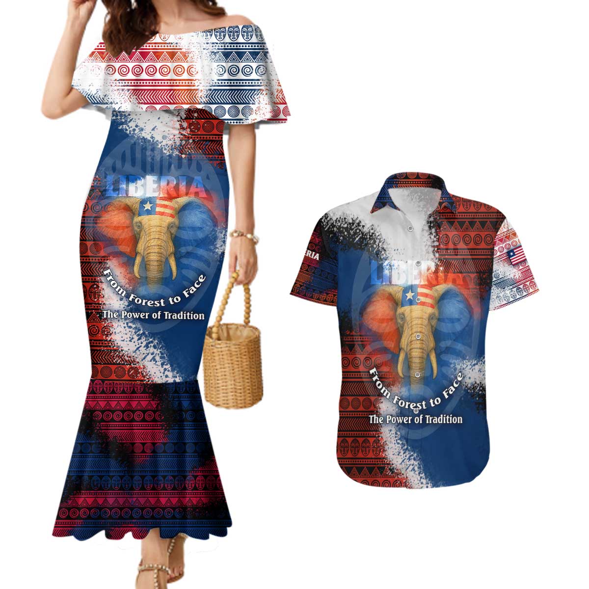 Liberia Elephant Power of Tradition Couples Matching Mermaid Dress and Hawaiian Shirt with Tribal Red Blue Splash Pattern