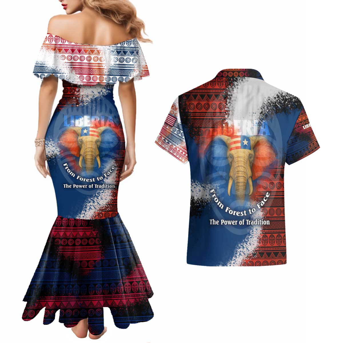 Liberia Elephant Power of Tradition Couples Matching Mermaid Dress and Hawaiian Shirt with Tribal Red Blue Splash Pattern