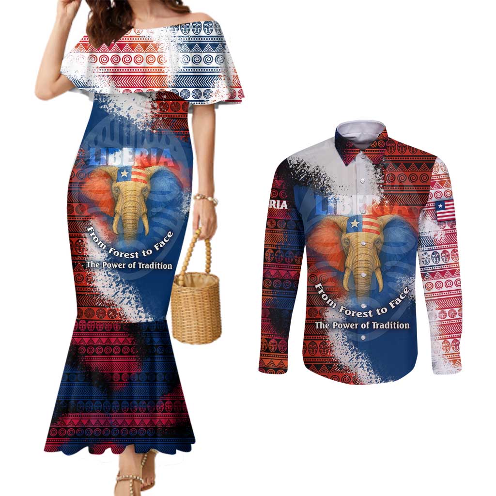 Liberia Elephant Power of Tradition Couples Matching Mermaid Dress and Long Sleeve Button Shirt with Tribal Red Blue Splash Pattern