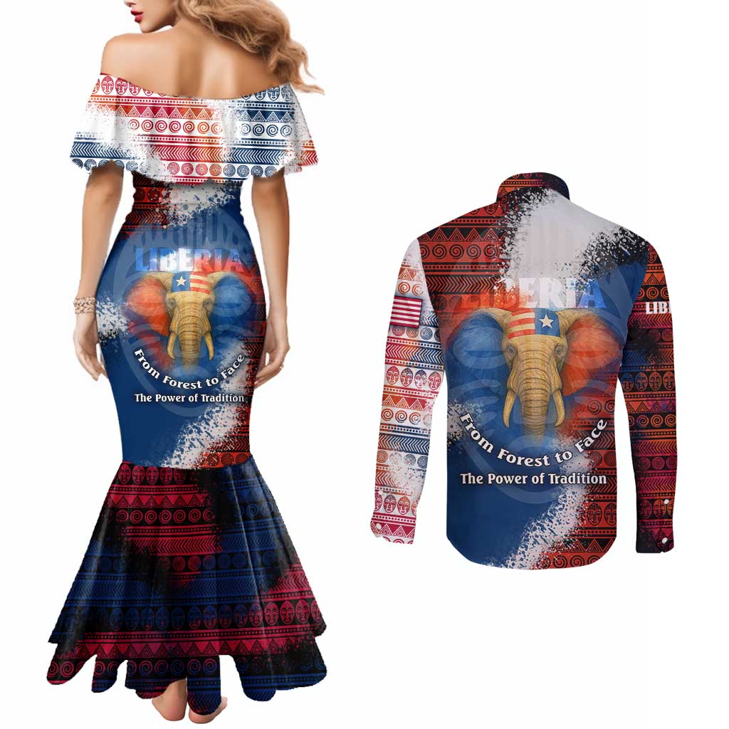 Liberia Elephant Power of Tradition Couples Matching Mermaid Dress and Long Sleeve Button Shirt with Tribal Red Blue Splash Pattern