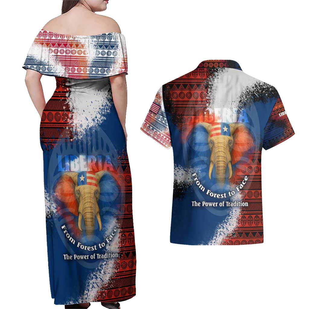 Liberia Elephant Power of Tradition Couples Matching Off Shoulder Maxi Dress and Hawaiian Shirt with Tribal Red Blue Splash Pattern