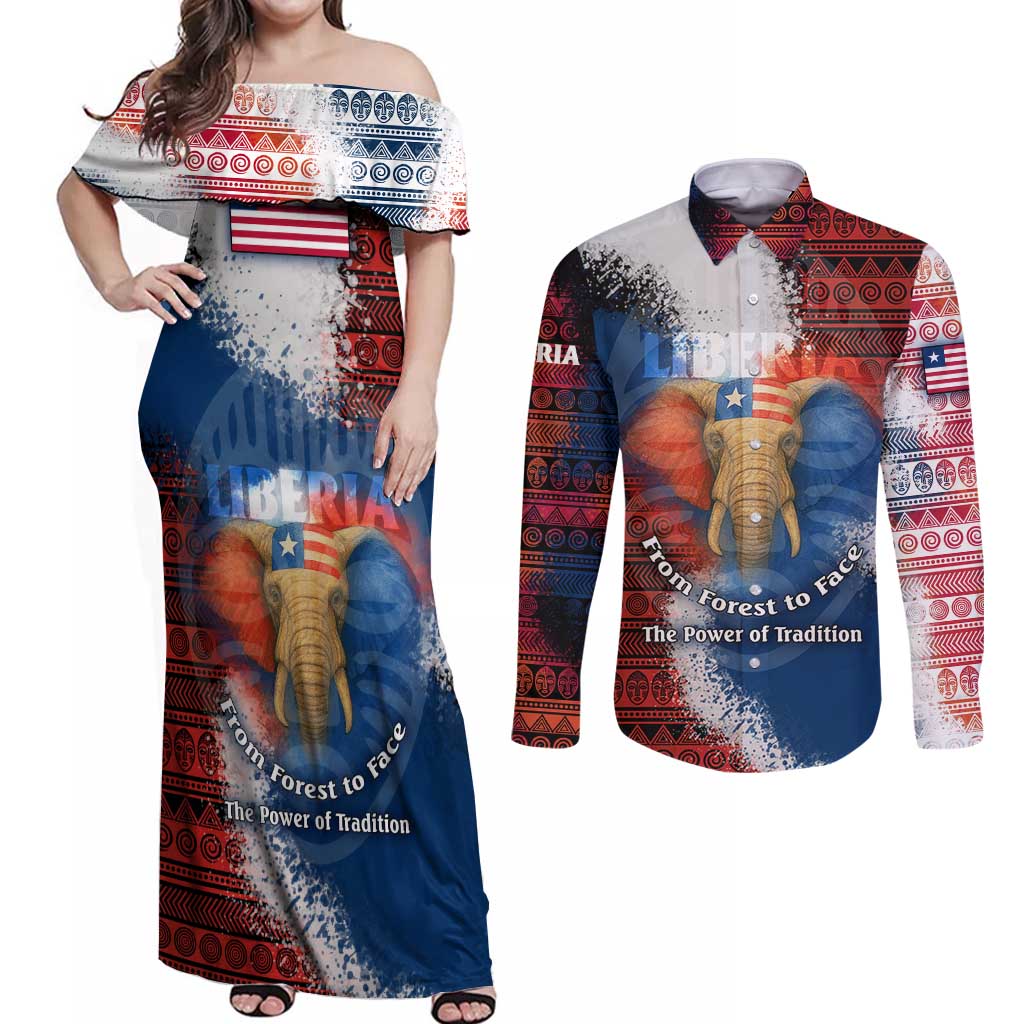 Liberia Elephant Power of Tradition Couples Matching Off Shoulder Maxi Dress and Long Sleeve Button Shirt with Tribal Red Blue Splash Pattern