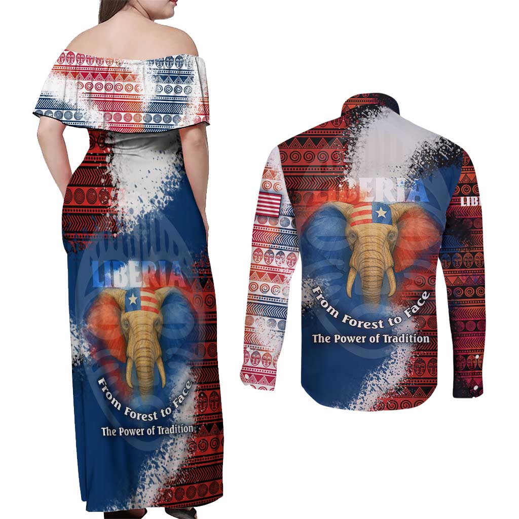 Liberia Elephant Power of Tradition Couples Matching Off Shoulder Maxi Dress and Long Sleeve Button Shirt with Tribal Red Blue Splash Pattern