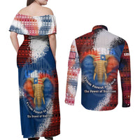 Liberia Elephant Power of Tradition Couples Matching Off Shoulder Maxi Dress and Long Sleeve Button Shirt with Tribal Red Blue Splash Pattern
