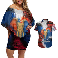Liberia Elephant Power of Tradition Couples Matching Off Shoulder Short Dress and Hawaiian Shirt with Tribal Red Blue Splash Pattern