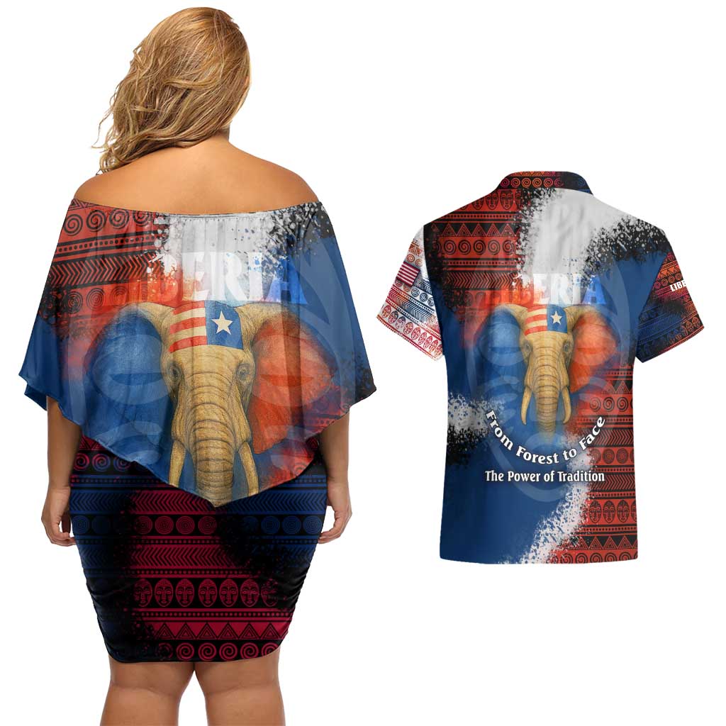 Liberia Elephant Power of Tradition Couples Matching Off Shoulder Short Dress and Hawaiian Shirt with Tribal Red Blue Splash Pattern