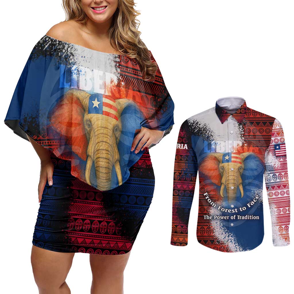 Liberia Elephant Power of Tradition Couples Matching Off Shoulder Short Dress and Long Sleeve Button Shirt with Tribal Red Blue Splash Pattern
