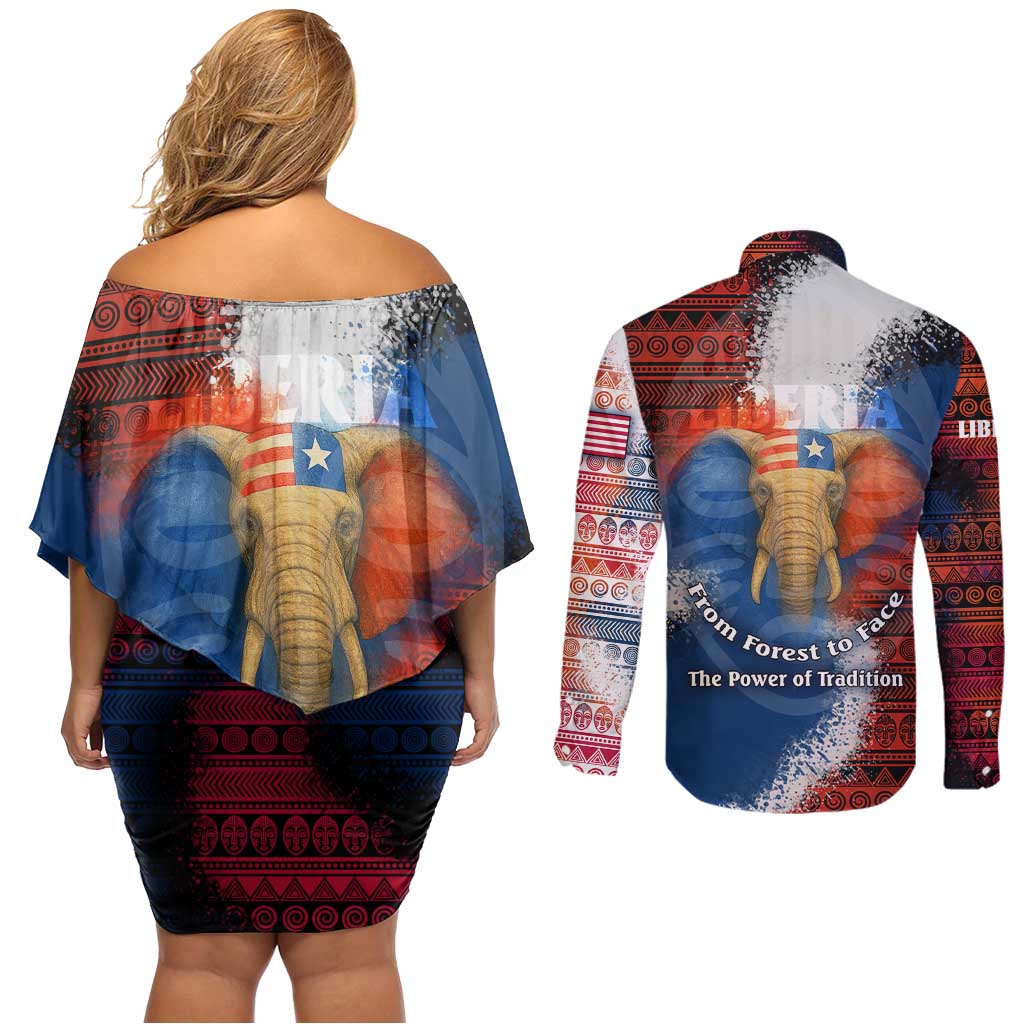 Liberia Elephant Power of Tradition Couples Matching Off Shoulder Short Dress and Long Sleeve Button Shirt with Tribal Red Blue Splash Pattern