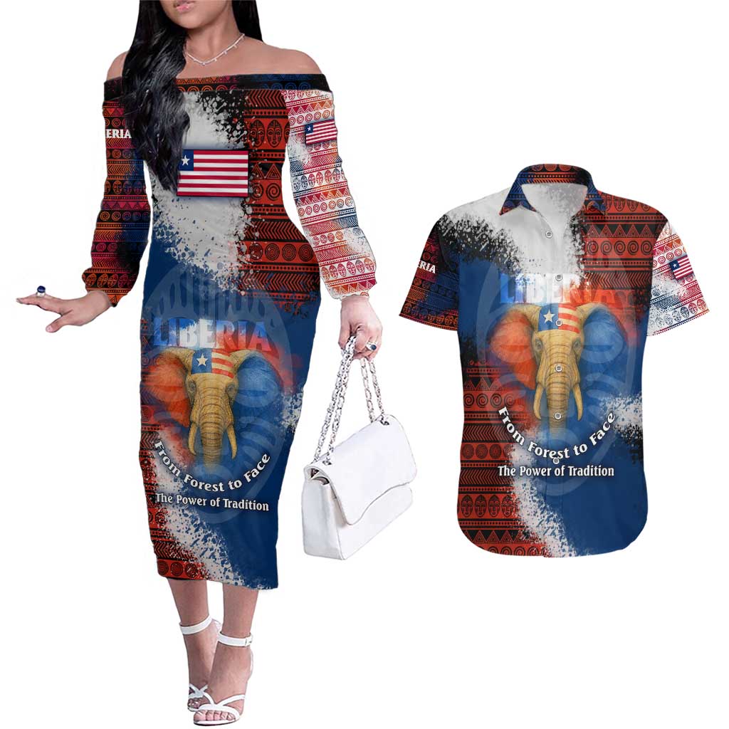 Liberia Elephant Power of Tradition Couples Matching Off The Shoulder Long Sleeve Dress and Hawaiian Shirt with Tribal Red Blue Splash Pattern
