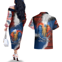 Liberia Elephant Power of Tradition Couples Matching Off The Shoulder Long Sleeve Dress and Hawaiian Shirt with Tribal Red Blue Splash Pattern