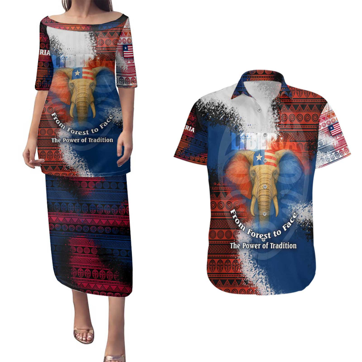 Liberia Elephant Power of Tradition Couples Matching Puletasi and Hawaiian Shirt with Tribal Red Blue Splash Pattern