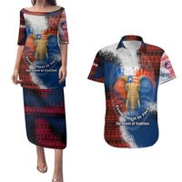 Liberia Elephant Power of Tradition Couples Matching Puletasi and Hawaiian Shirt with Tribal Red Blue Splash Pattern