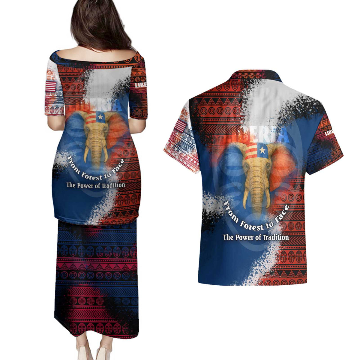 Liberia Elephant Power of Tradition Couples Matching Puletasi and Hawaiian Shirt with Tribal Red Blue Splash Pattern