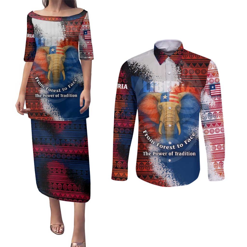 Liberia Elephant Power of Tradition Couples Matching Puletasi and Long Sleeve Button Shirt with Tribal Red Blue Splash Pattern