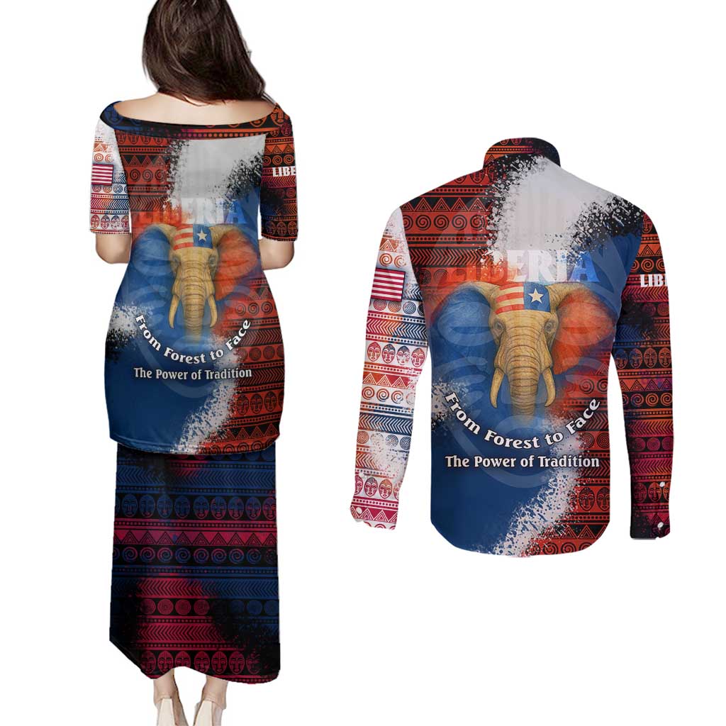 Liberia Elephant Power of Tradition Couples Matching Puletasi and Long Sleeve Button Shirt with Tribal Red Blue Splash Pattern