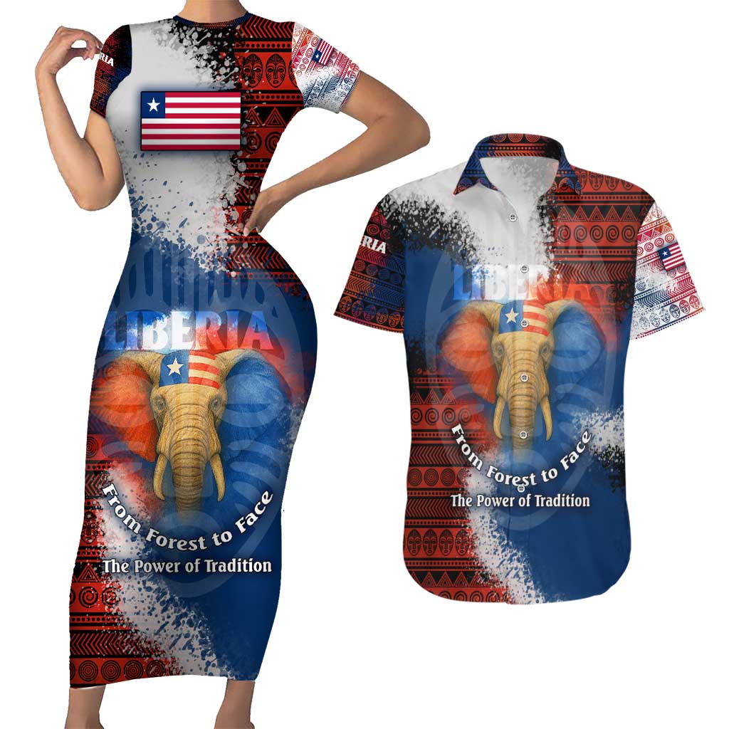 Liberia Elephant Power of Tradition Couples Matching Short Sleeve Bodycon Dress and Hawaiian Shirt with Tribal Red Blue Splash Pattern